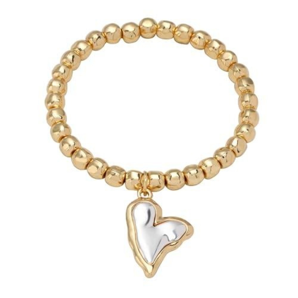 Two Tone Gold Silver Beaded Stretch‎ Bracelet Molten Heart Charm Dainty Jewelry